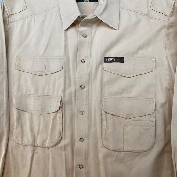 Vintage Orvis XXL Cream Khaki Safari Hunting Shirt Long Sleeve Button Up - Picture 2 of 9